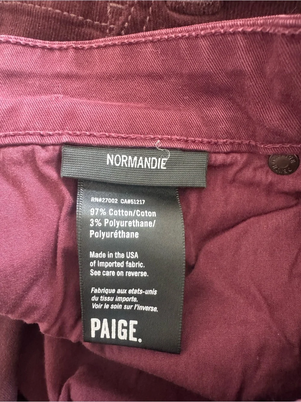 PAIGE Normandie Straight Leg Jean Burgundy/Wine Men's 30 USA